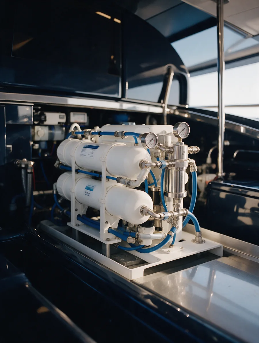 A reverse-osmosis watermaker with white membrane housings and stainless fittings in a yacht technical space